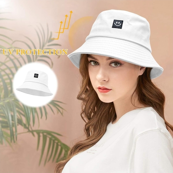 White Smiley Face Bucket Hat Foldable Fisherman Hat Summer Beach Sun Hat Travel - Picture 2 of 9